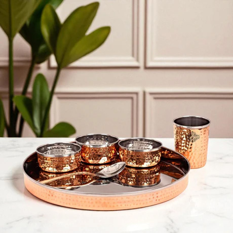 Steel Copper Hammered Design Thali Dinner Set