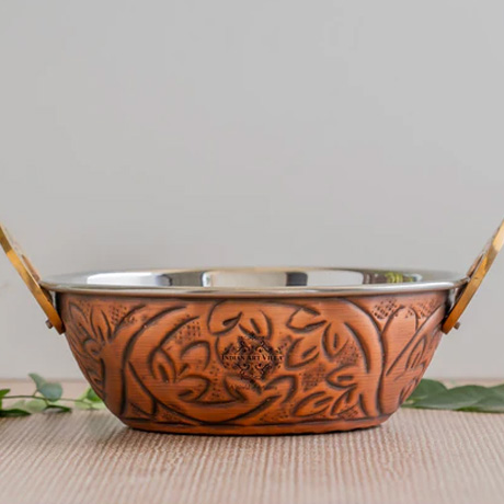 Steel Copper Embossed Antique Dark Tone Design Kadhai