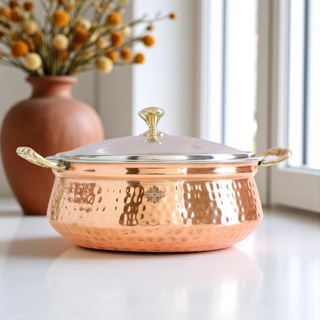 Steel Copper Hammered Design Casserole with Brass Handles