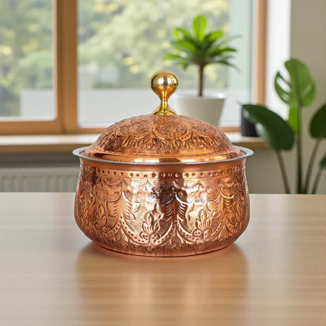 Steel Copper Casserole with Embossed Design & Brass Knob